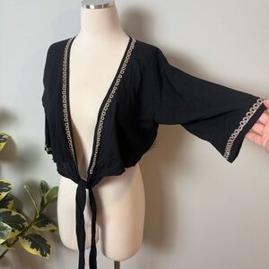 ECSTASY Black with Tan Embroidery 100% Rayon Tie Kimono ~ OS